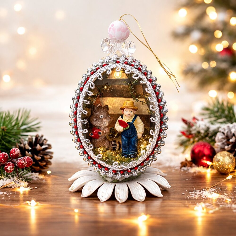 Vintage Handmade Christmas Egg Ornament Diorama Beaded Holiday Deco